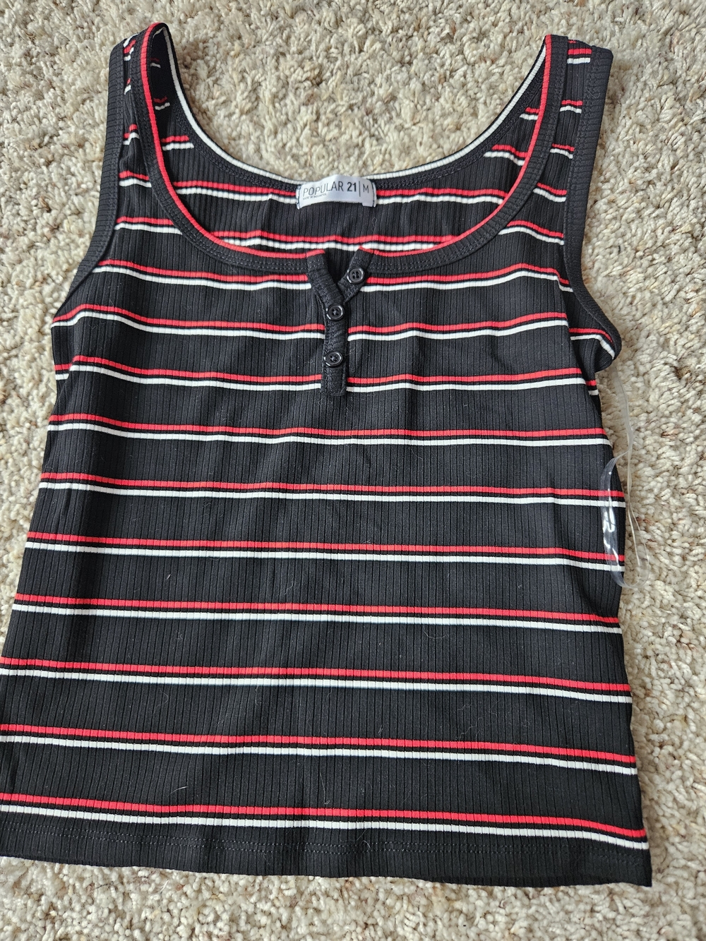 Popular 21 Black Ribbed Tank with Red & White Stripes